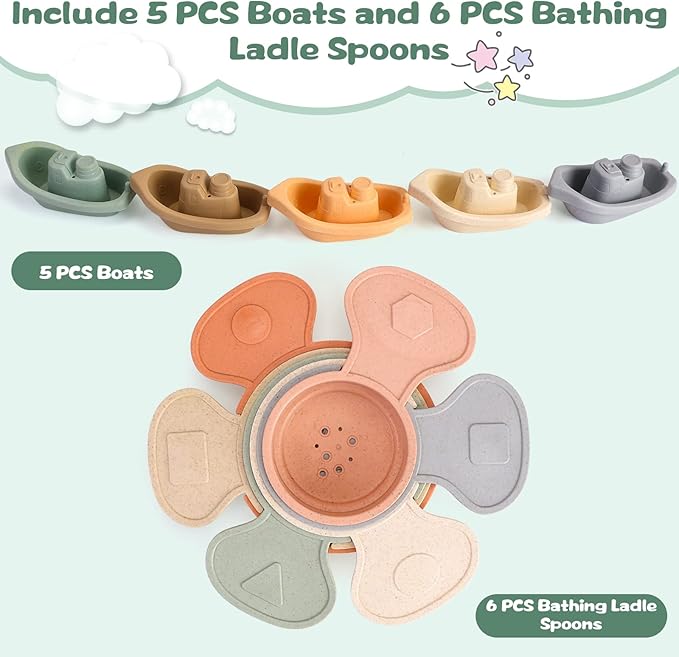 Bath Toys Floating Boats Train with Bathing Spoon,11 Pcs Water Table Toys Mold Free Baby Bath Toys for Toddlers 1-3 Infants 6-12-18 Months,Bathtub Toys Shower Toys for 1 2 3 4 Year Old