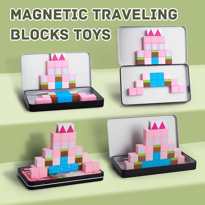 Mini Portable Magnetic Blocks with Iron Storage Box - Travel Magnet Building Block for Toddler 1-3, STEM ConstructionToys for Kids Ages 4-8, Educational Learning Toy Gift for Girls -Castle