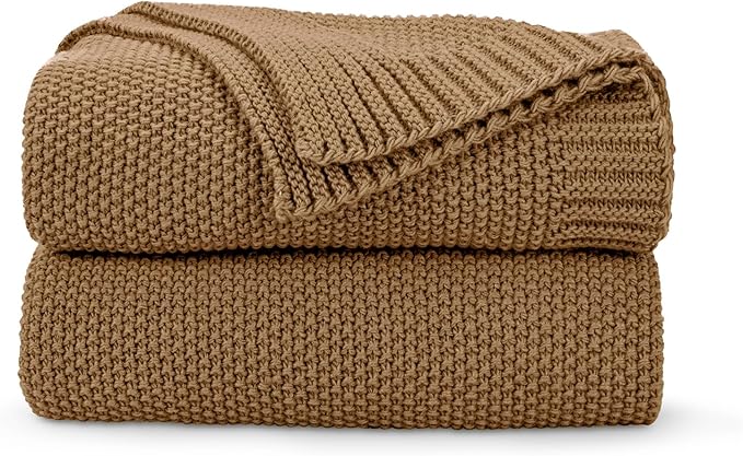 CozeCube Caramel Brown Seed Stitch Throw Blanket 60"x80", Farmhouse Decor | Blanket for Couch, Soft Cozy Cable Knit Throw for Bed Sofa Living Room, Lightweight Warm Decorative Christmas Blanket