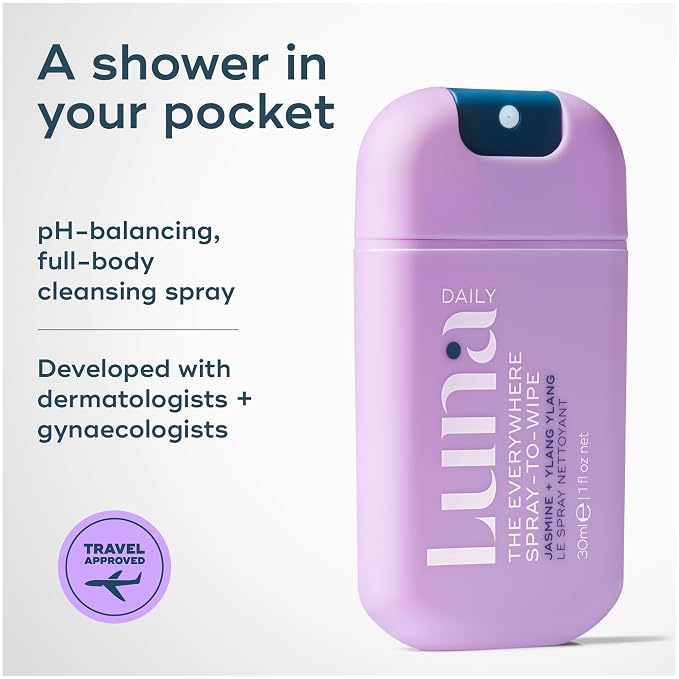 Luna Daily Mini Body Cleansing Spray | Instant Cleansing & Hydration for Feminine & Body Care | pH-Balanced & Moisturizing | Fresh Jasmine & Ylang Ylang Scent | Odor Control & Pregnancy-Safe, 30ml