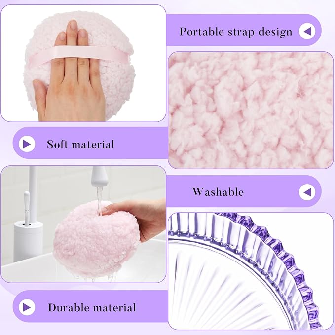 Tioncy 2 Pcs Extra Large Dusting Powder Puff and Container for Women-6'' Glass Crystal Dusting Powder Container with Body Soft Washable Reusable Velour Face(Purple,Classic)