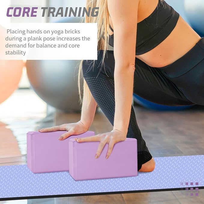 Yoga Blocks 2 Pack 3x6x9IN Foam Block Supportive Latex-Free with Stretch Band, Non-Slip Exercise Blocks for Pilates, Meditation, Balance, Stretching and Deep Poses