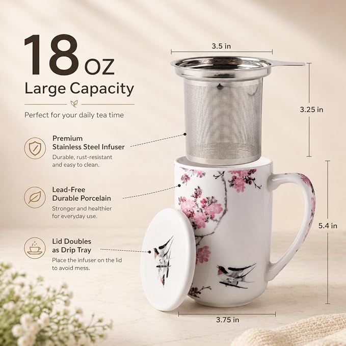 AmorArc Porcelain Tea Mug with Infuser and Lids, 18 Oz Coffee Cup Strainer with Bag Holder for Loose Leaf Tea, Steeping Coffee Mug for House-warming Wedding Birthday Gift