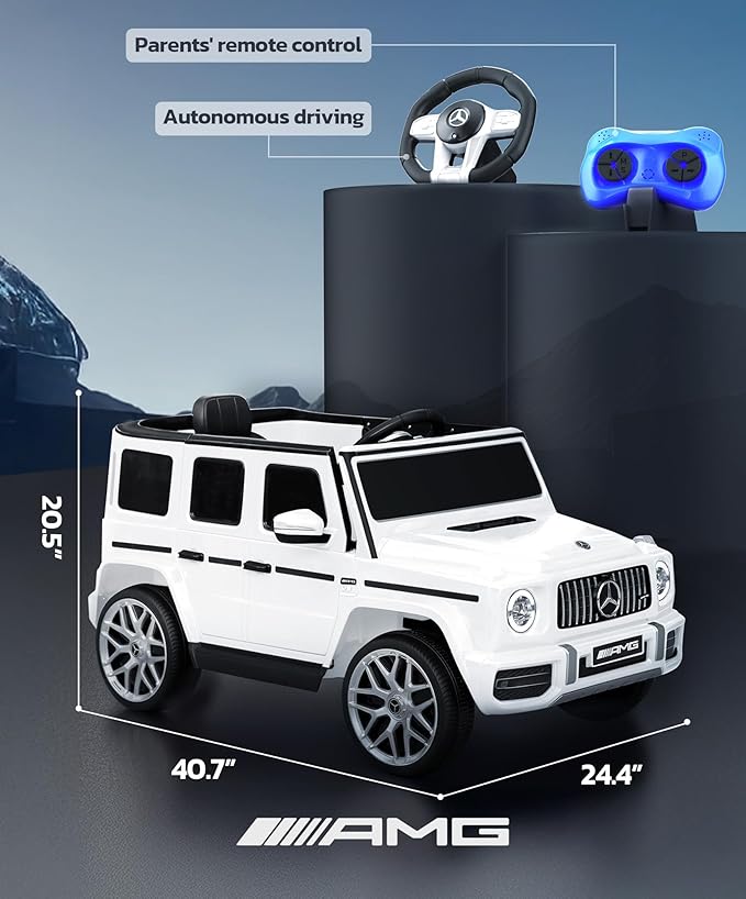 ELEMARA Licensed Mercedes-Benz AMG G63 Ride on Toys,Electric Car for Kids W/Parents Control,Electric Powered A Wagon Ride On Truck Toy,Spring Suspension,Bluetooth,Flickering Lights/LED Lights, White