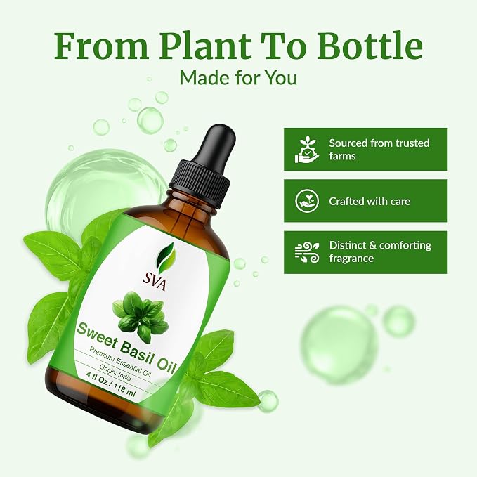 SVA Sweet Basil Essential Oil 4 Fl Oz – for Diffuser, Skin & Hair Care – Ideal for Massage & DIY Blends - with Dropper