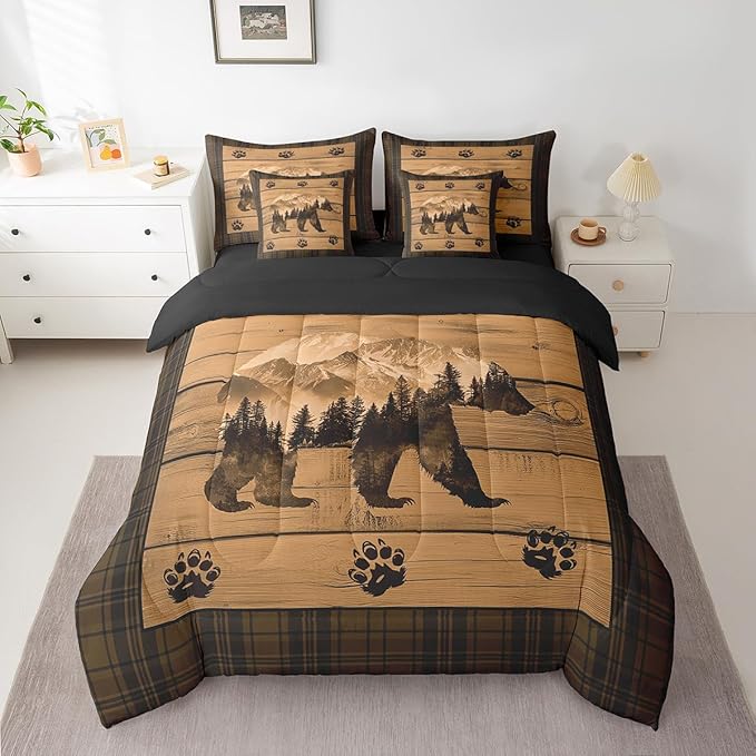 Feelyou Rustic Bear Comforter Set with Sheets Farmhouse Black Bear 7 Piece Bedding Set Full Size for Kids Boys Girls Forest Animal Wildlife Hunting Theme Bed in a Bag