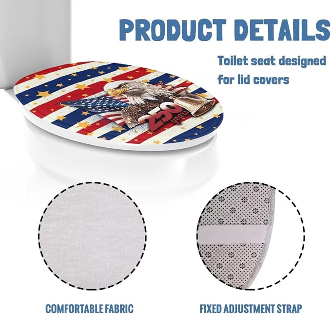 American Flag Toilet Lid Cover Set with Elastic Band US 250 Years Toilet Seat Cushion Cover Replacement for Bathroom Decor Machine Washable Polyester Fabric Bathroom Covers