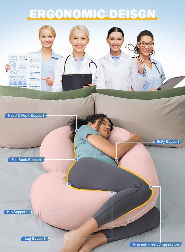 INSEN Cooling Pregnancy Pillow, Maternity Pillow with Soft Cotton Cover,C Shaped Pregnant Women and Side Sleeping, Bright Pink
