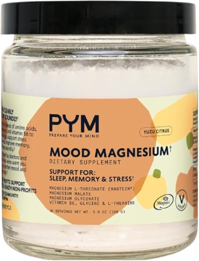 PYM Mood Magnesium Powder to Support Stress & Better Sleep, 30 Servings - Magtein Magnesium L-Threonate, Magnesium Glycinate & Malate, Yuzu Citrus | Non-GMO, Vegan, Gluten-Free | Cortisol Reducer