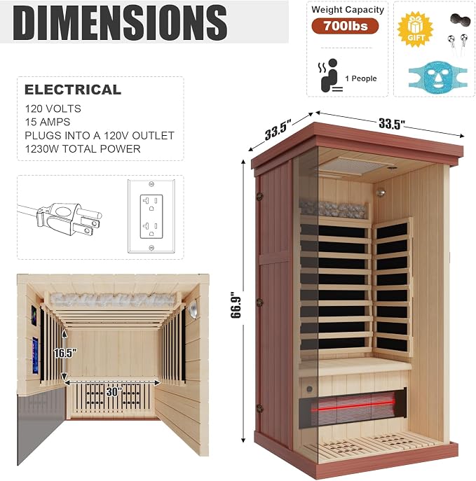 MEISSALIVVE Full Spectrum Infrared Sauna，1 Person Home Sauna， Red Cedar Indoor Spa Sauna with Resonance Speaker and Tempered Glass