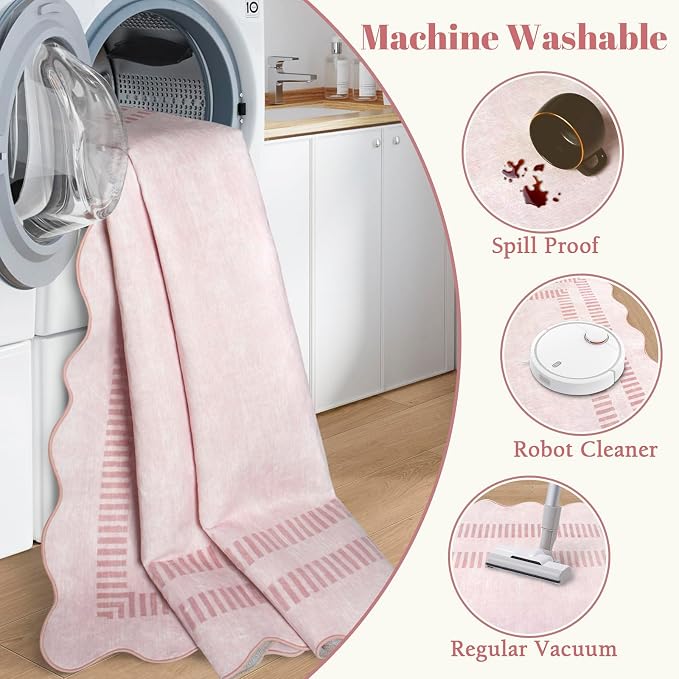Pink Rugs for Living Room 8x10, Soild Machine Washable Area Rugs for Bedroom Girls, Non Slip Ultra-Thin Low-Pile Carpet for Playroom Nursery Kids Room
