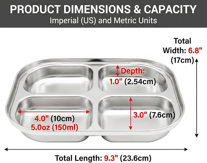 Korean Stainless Steel Non-Toxic Divided Plates for Toddlers & Kids 2-Pack | Premium 304 electro-polished stainless steel, no black residue, BPA-free tray for babies healthy & balanced meals