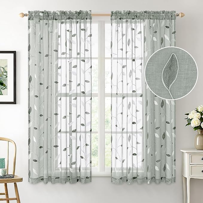 MIULEE Sage Sheer Curtains 2 Panels Embroidered Leaf Patterned Rod Pocket Floral Semi Sheer Faux Linen Window Curtains Drapes Set for Living Room Bedroom Dining Room, 52x63 Inches Long