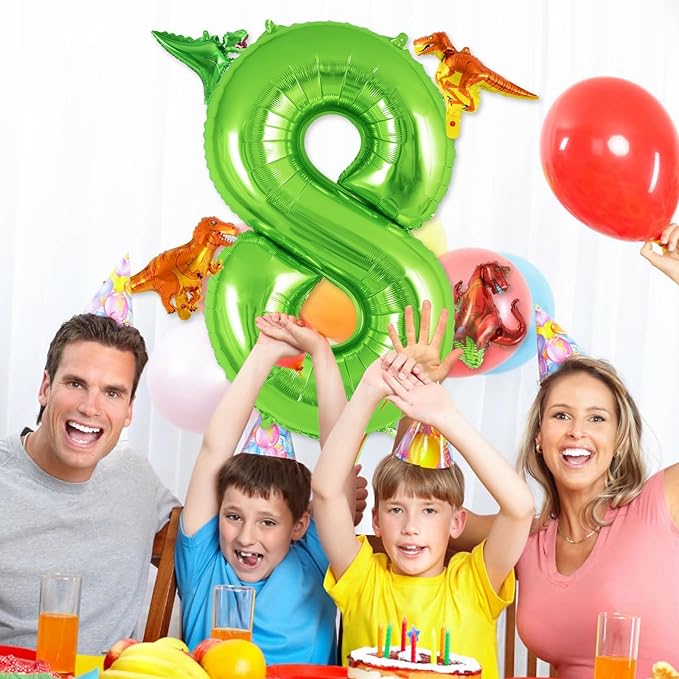 Dinosaur Green Number 8 Balloon, 40 Inch Big Large Foil Helium Green Number Balloon with 4 Pcs Mini Dinosuar, Dinosuar Mylar Balloons Set for 8 Year Old Birthday Party Decorations Supplies