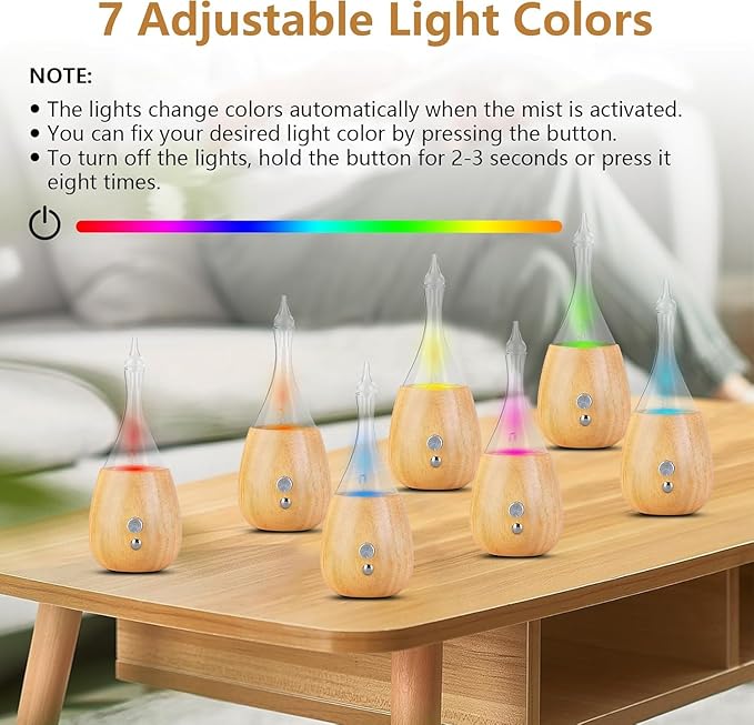 Lychee Essential Oil Diffuser Humidifiers, 7 Colors Light Setting, Quiet Diffuser, Small Aromatherapy Diffuser with Wood Grain Base for Room Home Office Bedroom Nice Gift