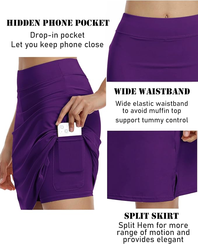 COOrun Women's 20" Knee Length Skirts High Waisted Golf Skorts with Pockets | Soft, Quick Dry, Split Hem, Built-in Shorts, A-line, Modest Skirts, for Golf Athletic Tennis Work Casual