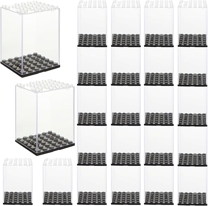 24 Pcs Minifigure Display Case, Acrylic Small Action Figure Toys Storage Case, 2.7”×1.9”×1.9” Stackable Building Block Display Case for Minifigure, Action Figures