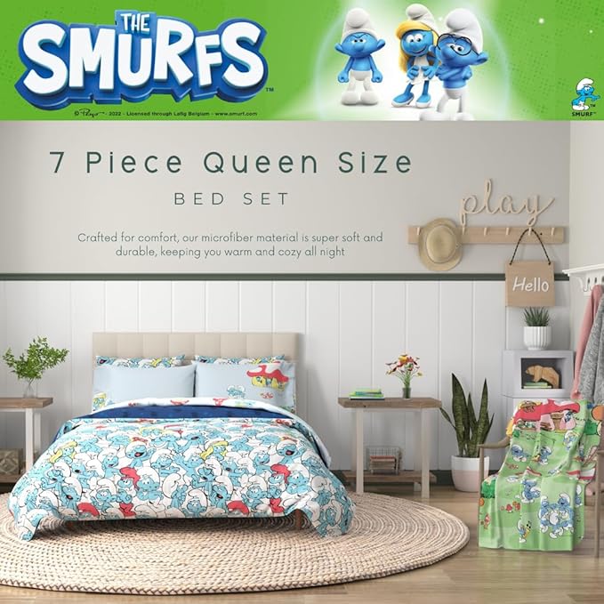 The Smurfs Kids Bedding Super Soft & Cozy Reverisble Microfiber Comforter and Sheet Set with Sham, 7 Piece Queen Size, (Officially Licensed Product) By Franco