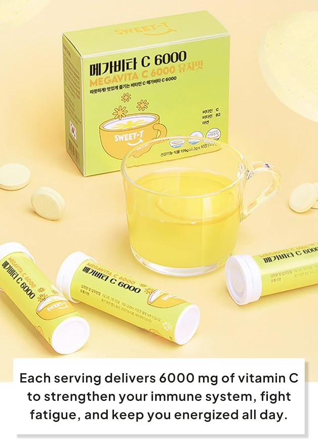 Korean Food Everteen MegaVita C3000 Effervescent Drink, Citrus, 10Tabs x3PK | Citrus-flavored effervescent beverage tablets with 3 packs of 10 tablets each
