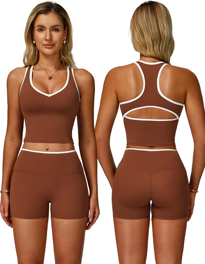 Women 2 Piece Workout Sets Racerback Color Block Tank Top High Waist Tummy Control Shorts Yoga Outfits