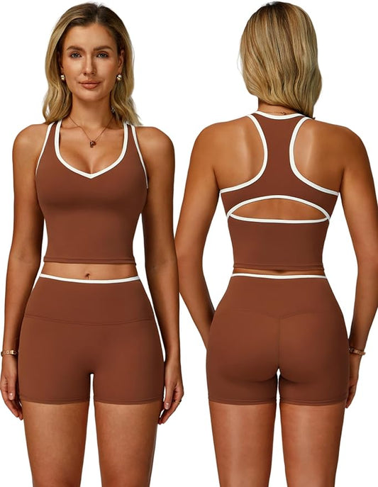 Women 2 Piece Workout Sets Racerback Color Block Tank Top High Waist Tummy Control Shorts Yoga Outfits
