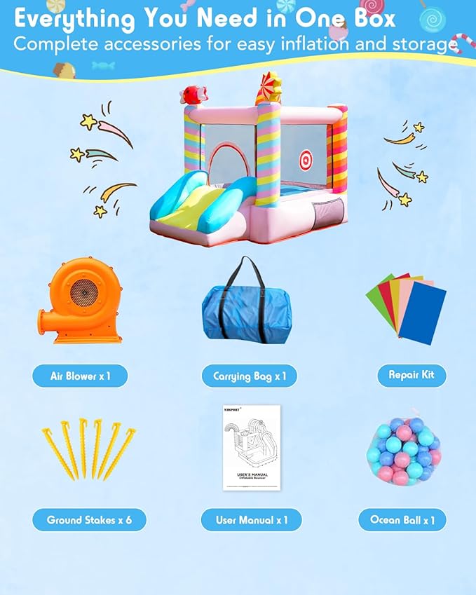 Candy Bounce House for Kids Ages 3-6, Sweet Inflatable Bouncy Castle with Slide, Indoor Outdoor Small Jumping House with Blower, Mini Toddler Bounce Castle for Birthday Gifts and Holidays