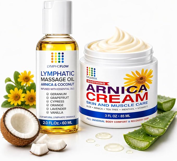 Arnica Coconut Lymphatic Drainage Massage Oil & Arnica Montana Cream for Bruising & Swelling Bundle