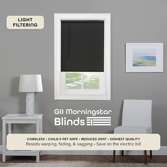 Cordless Light Filtering Mini Blind - 29 Inch Width, 72 Inch Length, 1" Slat Size - Black - Cordless GII Morningstar Horizontal Windows Blinds for Interior by Achim Home Decor