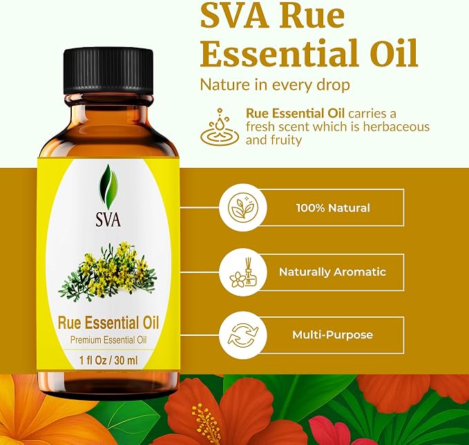 SVA Rue Essential Oil 1 Fl Oz – for Diffuser, Skin & Hair Care – Ideal for Massage & DIY Blends - with Dropper