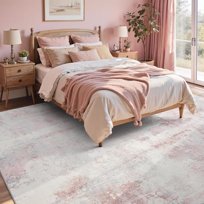 5x7 Ft Area Rugs for Living Room, Soft Non-Slip Washable Rugs Modern Abstract Pattern Carpet for Bedroom Indoor Floor Nursery Home Decor (Pink)