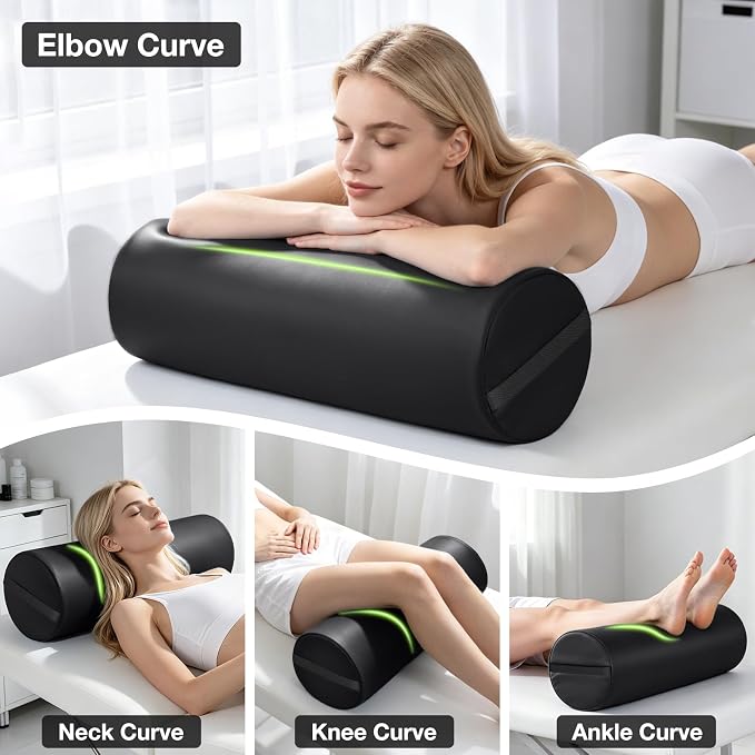 Full Round Bolster Pillow, 26" x 9" PU Leather Massage Table Bolster with Strap Handle, Massage Pillow for Knee Back Ankles Pain Relief, Comfortable Leg Bolsters Cylinder Pillow for Home / Spa / Yoga