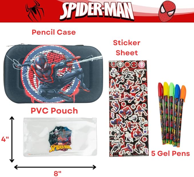 Innovative Designs Marvel Avengers Spiderman Pencil Case Set with Stickers and Gel Pens for Kids, Molded with Zip Closure, Black