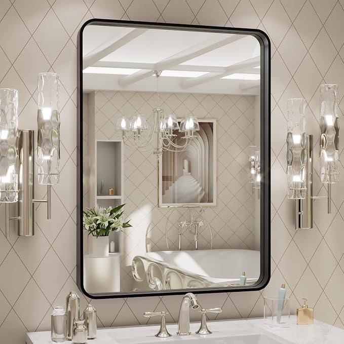 LOAAO 24X32 Inch Black Metal Framed Bathroom Mirror | Matte Black, Rounded Rectangle, Anti-Rust, Hangs Horizontally or Vertically