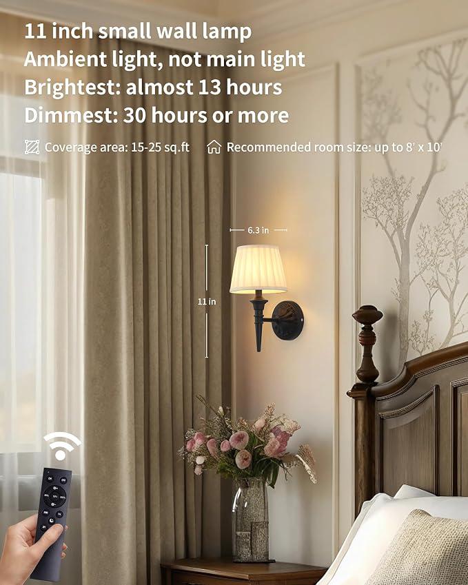 KDG Cordless Black Wall Sconces Set of 2, Beige Fabric Lampshde Wall Lamps | Small LED Wireless Portable Rechargeable Battery Lighting for Wall Painting, Living Room, Bedroom, Hallway, Gifts, Nightlight