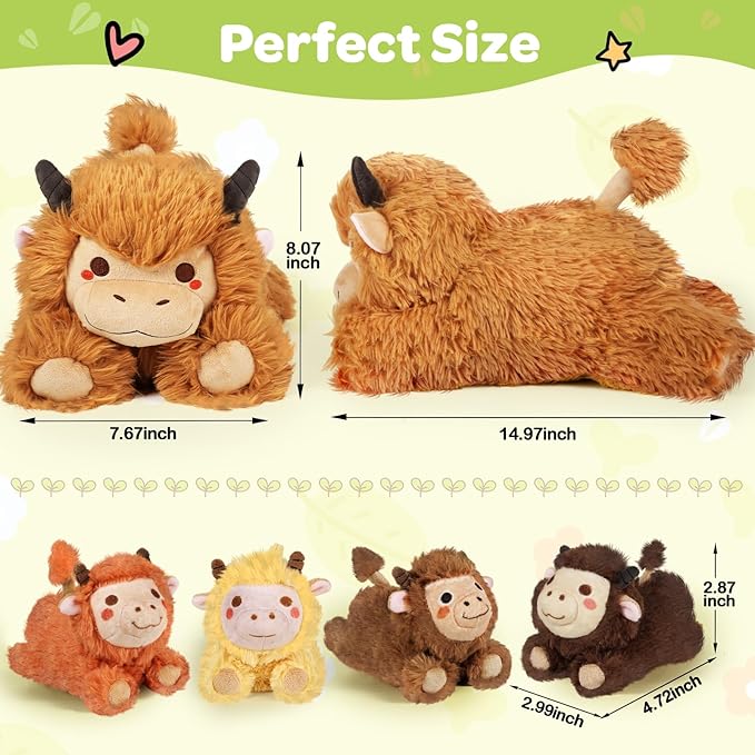 KMUYSL Highland Cow Stuffed Animal for Girls Ages 3 4 5 6 7 8+ Years Old, Mommy Cow Animals Plush Toys with 4 Baby Calves, Soft Animal Stuffed Toys Set, Christmas Birthday Gifts for Kids Girls