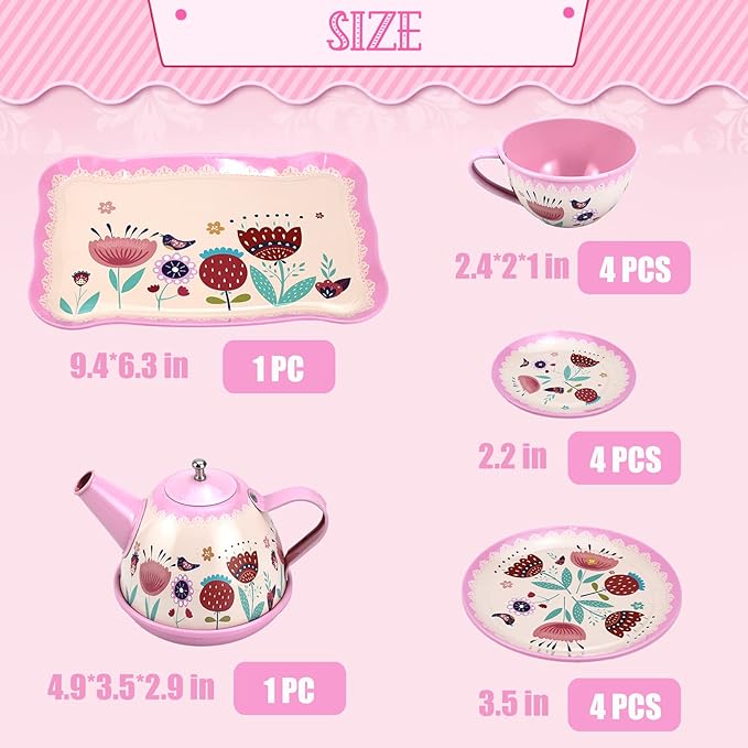 Pink Tea Set for Little Girls,Flower Design Tea Party Set,Princess Tea Time Toys Teapot Dishes Kitchen Pretend Play Tin Tea Party Set for Girls