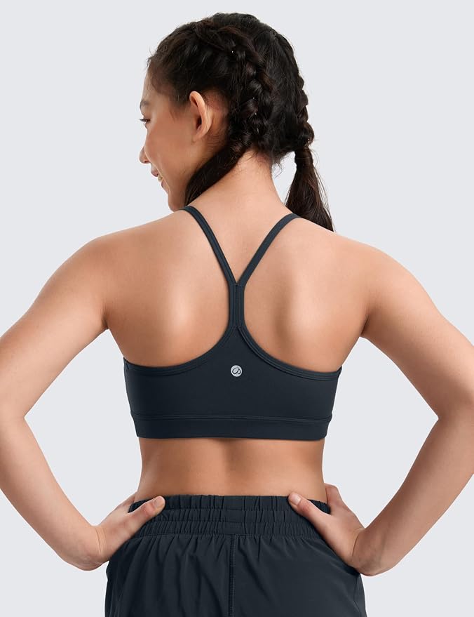 CRZ YOGA Girls Butterluxe Y Back Sports Bra - Yoga Athletic Casual Tops Scoop Neck Spaghetti Strap Padded Crop Kids Teen