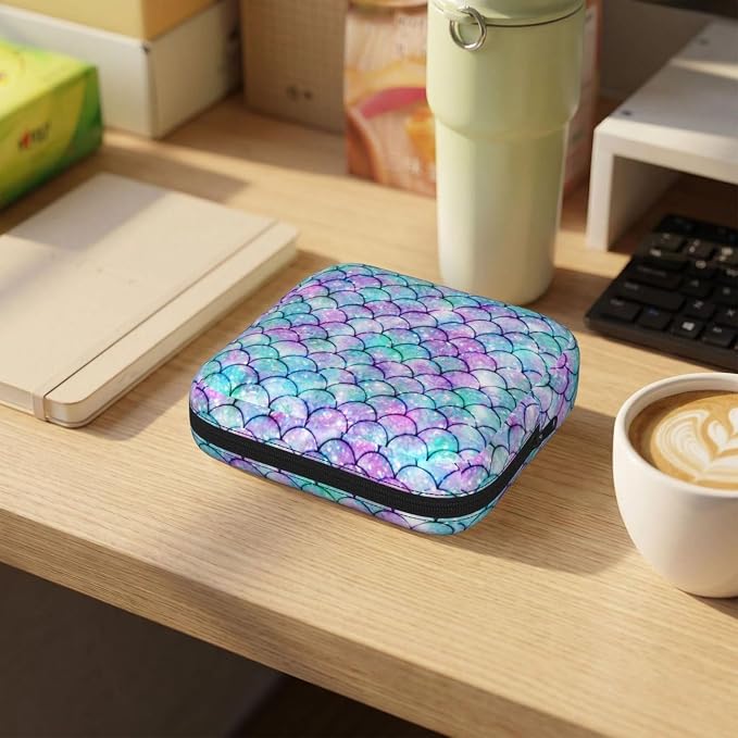Ocean Mosaic Mermaid Scale Purple Blue Period Bag For Women,Portable Sanitary Napkin Period Pad Pouch For Purse, Small Make Up Bags