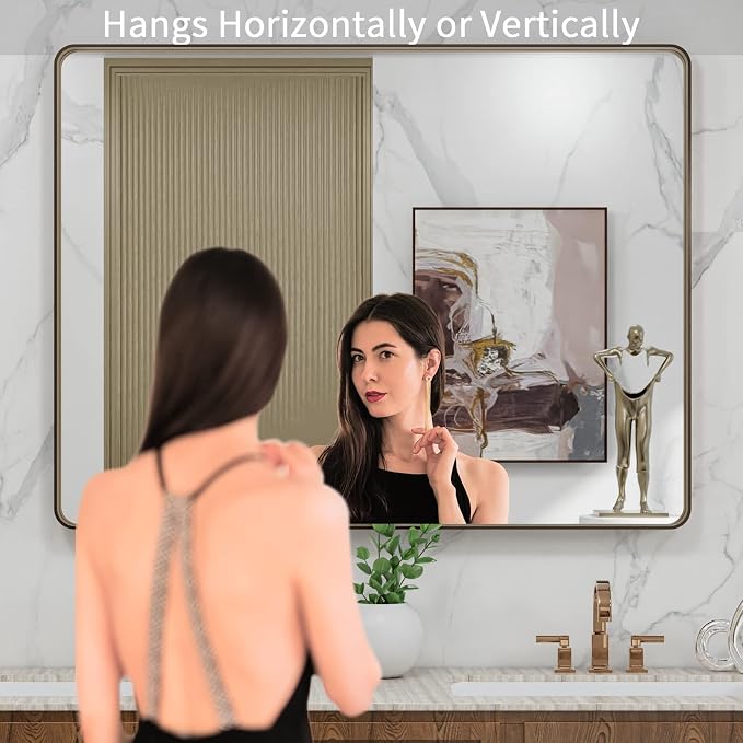 LOAAO 40”X30” Bronze Bathroom Mirrors for Vanity, Rounded Rectangle Brushed Bronze Metal Frame Mirror, Anti-Rust, Tempered Glass, Hangs Horizontally or Vertically | Rounded Rectangle, Brushed Bronze Metal Frame, Anti-Rust, Tempered Glass, Hangs Horizon...
