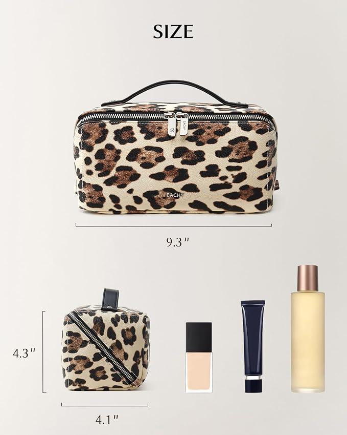 EACHY Travel Makeup Bag, Large Capacity Cosmetic Bag for Women, Waterproof PU Leather, Flat Open Portable Toiletry Bag for Skincare, Brushes & Travel Essentials
