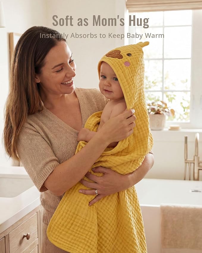Blissful Diary Muslin Baby Hooded Towel 1 Pack, Soft & Absorbent Bath Towel for Infant, Toddler, Unisex, Baby Gift, Newborn Essentials, Sunny Duck