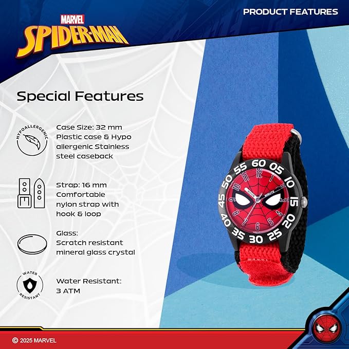 Marvel Spiderman Watch for Kids - Spiderman Watch Boys - Spider-Man Watches for Boys 4-6 - Toys - Kids - Marvel Toddler - Silver Case - 3D Silicone Plastic Strap