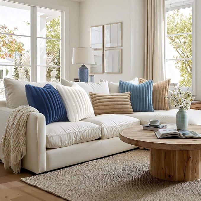 MIULEE Faux Fur Lumbar Throw Pillow Covers 12x20 Set of 2 Navy Blue | Coastal Modern Soft Plush Couch Pillows, Cozy Fluffy Cushion Covers for Sofa Bed Living Room Home Decor