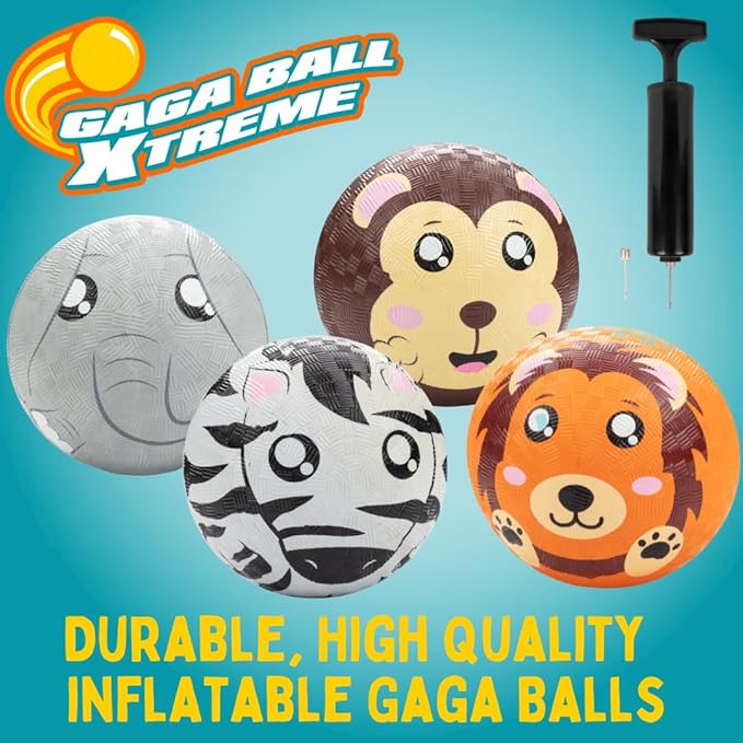 GagaBall 5 Inch Playground Balls with Air Pump (4 pk, Animals) - Durable Rubber Balls Official Size for Dodgeball & Handball - Great for Outside Play, 4 Square & Game to Play at Kids Birthday Parties