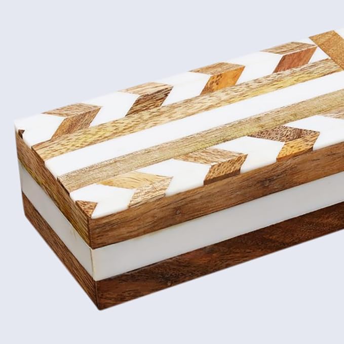 Handicrafts Home White Decorative Storage Box with Lid Wooden Entryway Organizer Box Key Holder Console Table Storage for Hallway Decor – Resin Inlay Patisserie Adorn Collection- 10x2.5x1.5