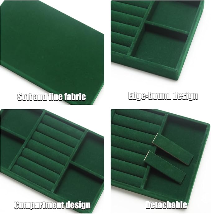 Velvet Jewelry Trays for Drawers, Dark Green 2-in-1 | Stackable Jewelry Drawer Organizer, Ring Earring Necklace Bracelet Holder Organizer Display Tray with Removable Dividers