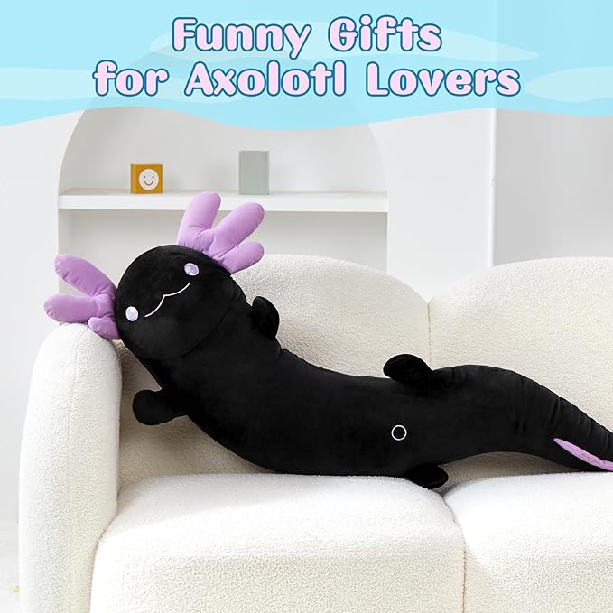Tezituor 4ft Large Black Axolotl Stuffed Animal for Halloween, Big Giant Stuffed Salamander 48 inch Long Plush Pillow for Girls 6-12, Axolotl Lovers Gifts for 2025 Halloween Christmas Valentine's Day