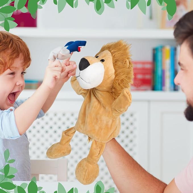 Wettarn 10 Pcs Animal Hand Puppets 12 Inch Soft Plush Plush Puppets Lion Orangutan Giraffe Tiger Pig Elephant Hand Puppets for Adults Storytelling, Teaching, Role Playing(Cute Style)