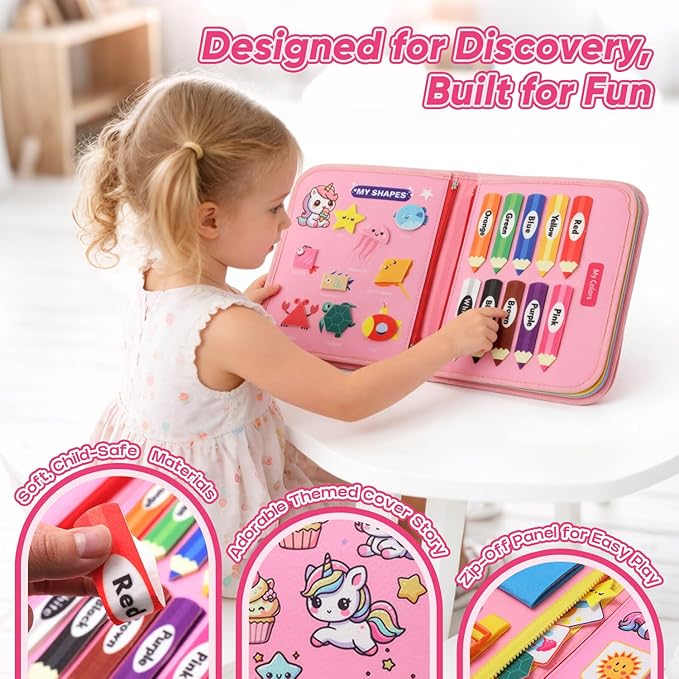 Busy Board Montessori Toys, Educational Activity Book Board Sensory Travel Toys for Toddler, 8 in 1 Preschool Learning Activities, Toddler Girl Airplane Car Travel Toy.