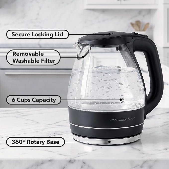OVENTE Electric Kettle, 1.5L Borosilicate Glass Countertop Water Heater and Boiler for Coffee or Tea, BPA-Free, Auto Shut-Off, Boil-Dry Protection, Removable and Washable Spout Filter, Black KG83B